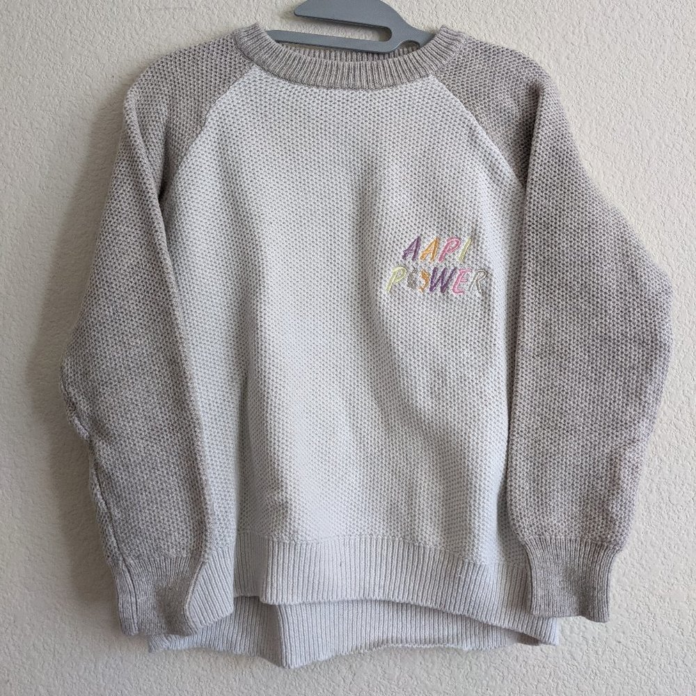 Embroidered AAPI Power Brown Tan Cream White Knit Crew Neck Pullover Sweater